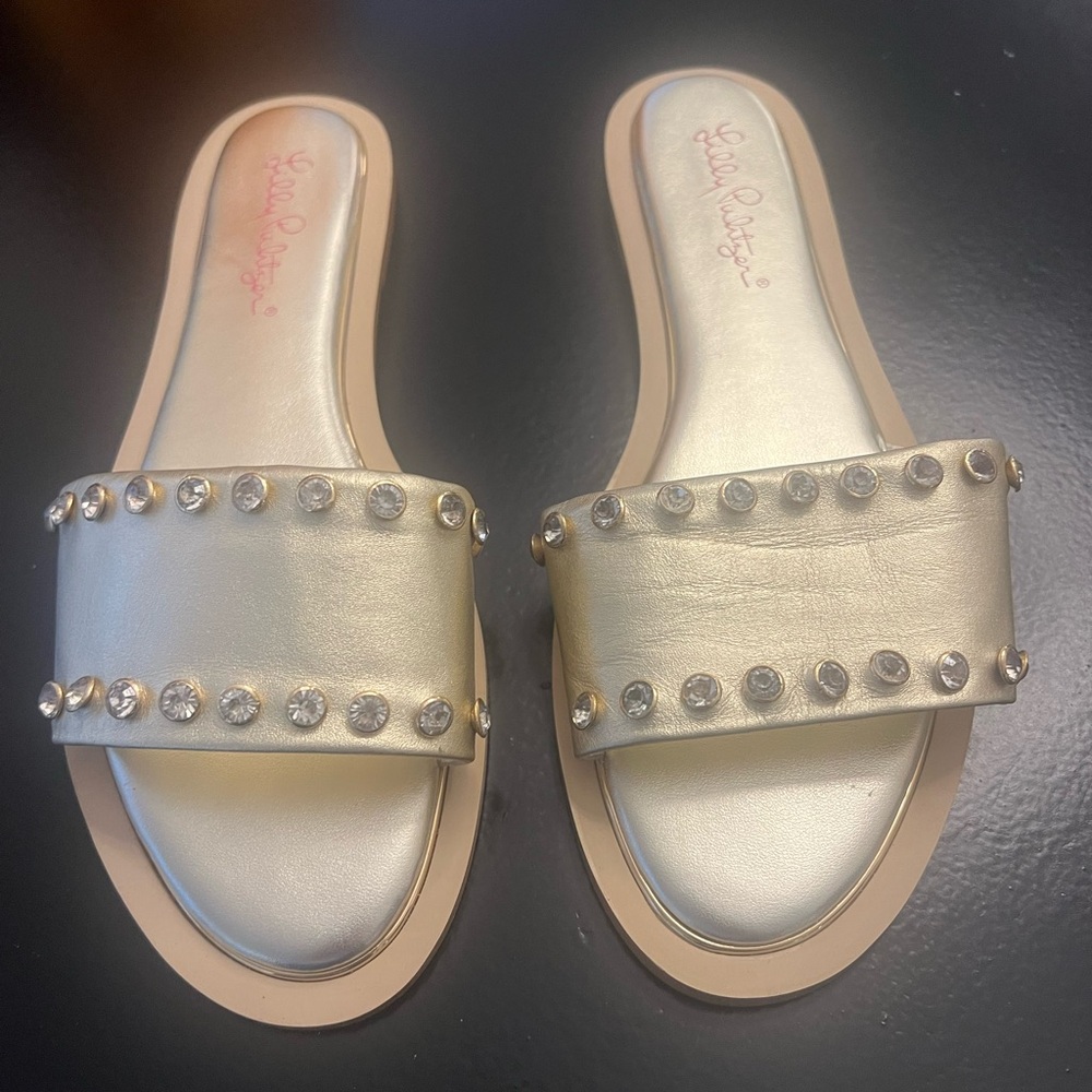 Lilly Pulitzer Metallic Gold Crystal-Stud Slide Sandals